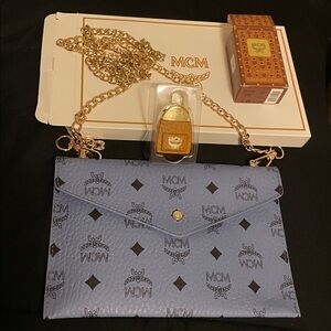 MCM Blue Clutch with Gold Chain/perfume mini